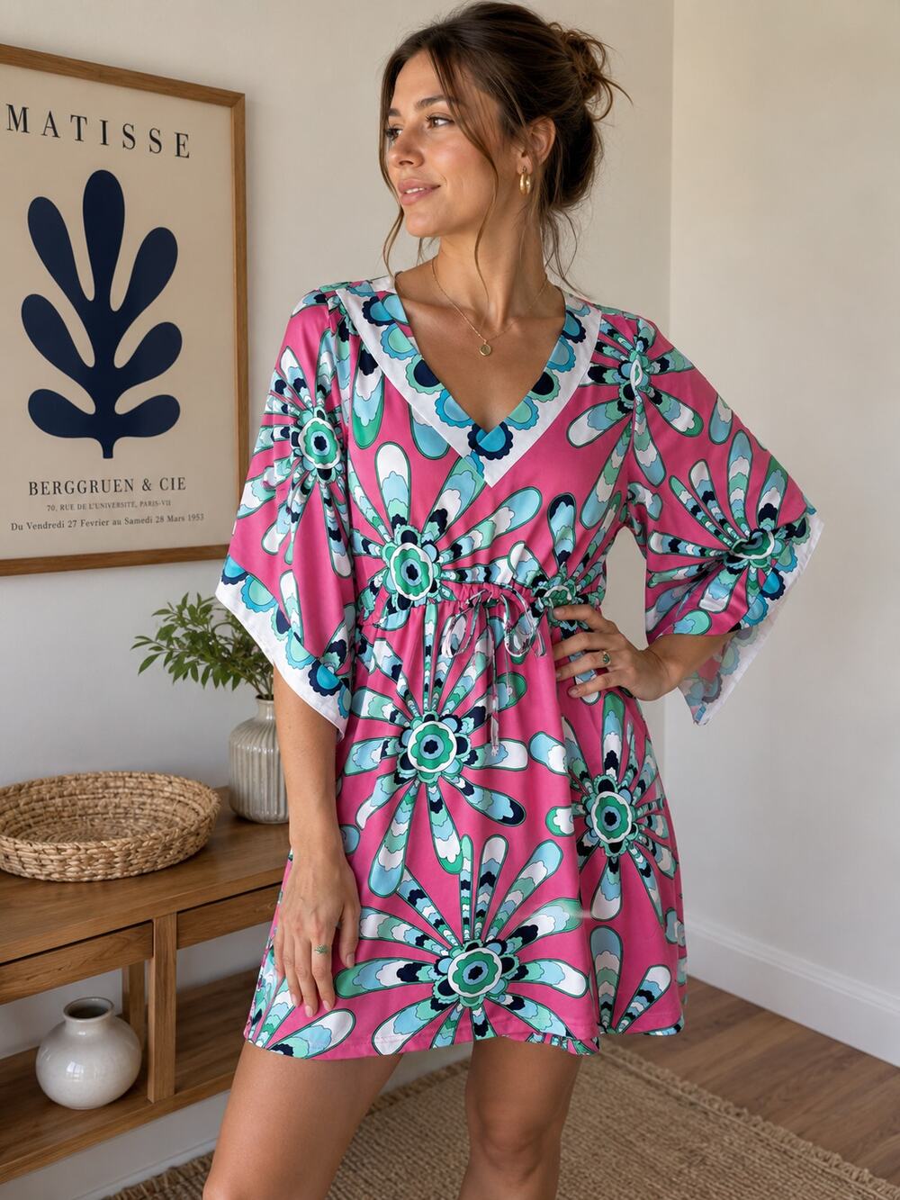 Tracy Negoshian Floral Abstract Tie Waist Dress M